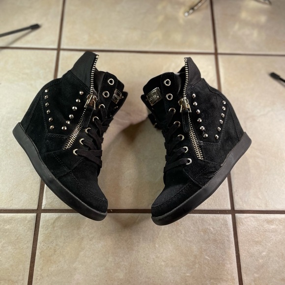 Women's guess wedge heels black double zipper flip back - Picture 2 of 10